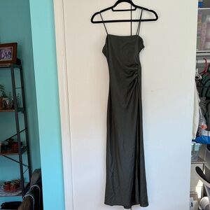 ZARA Olive Green Ruched Side Slip Maxi Dress Spaghetti Strap Formal Evening